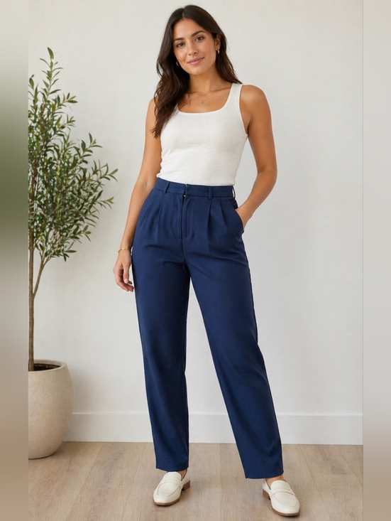 Babaton Pants - Babaton Navy Pleated High-Rise Straight Trousers